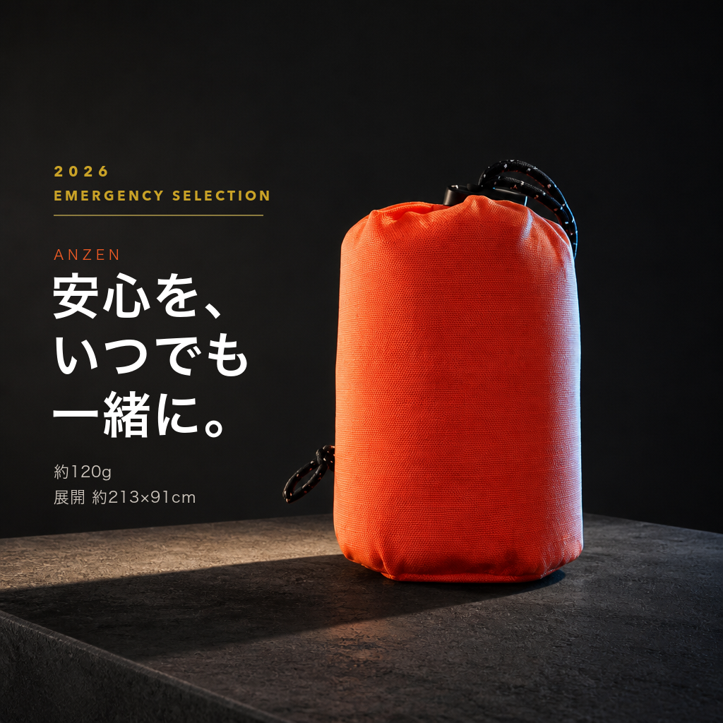 ANZEN 非常用寝袋 — 安心を、いつでも一緒に。約120g／展開 約213×91cm